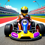 **Kart selection:** A vibrant KartRider scene showcasing diverse karts with unique designs, emphasizing speed and drift characteristics on a colorful race track.