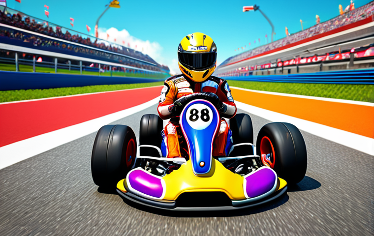 **Kart selection:** A vibrant KartRider scene showcasing diverse karts with unique designs, emphasizing speed and drift characteristics on a colorful race track.