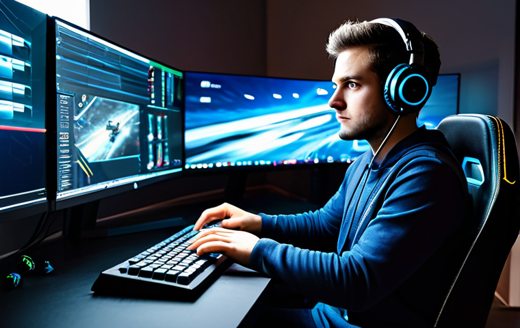 A focused esports competitor, wearing comfortable but modest gaming attire, fully clothed, appropriate attire, seated at a high-tech gaming desk with multiple monitors displaying a vibrant racing game. The competitor has an expression of intense concentration, hands expertly on a racing wheel controller, showcasing mastery and skill. The room is sleek with subtle ambient lighting. safe for work, appropriate content, fully clothed, professional, perfect anatomy, correct proportions, natural pose, well-formed hands, proper finger count, natural body proportions, high quality, professional photography, family-friendly.