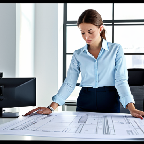 Home 25 **
"A professional female engineer in a modern, brightly lit office, fully clothed in appropriate work attire (a blouse and slacks), reviewing blueprints at a large desk, safe for work, perfect anatomy, natural proportions, professional photography, family-friendly."
**