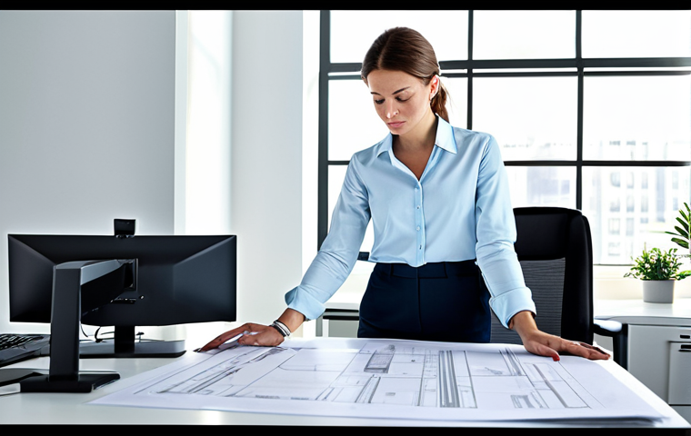 **
"A professional female engineer in a modern, brightly lit office, fully clothed in appropriate work attire (a blouse and slacks), reviewing blueprints at a large desk, safe for work, perfect anatomy, natural proportions, professional photography, family-friendly."
**