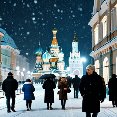 Home 12 **A bustling Moscow street scene in winter,** featuring people in warm, stylish winter coats and hats. Snowflakes gently falling. Traditional Russian architecture in the background, illuminated by soft lighting. *Safe for work, appropriate content, fully clothed, professional photography, perfect anatomy, natural proportions, family-friendly.*