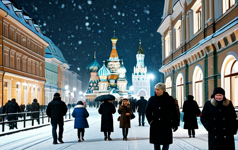 **A bustling Moscow street scene in winter,** featuring people in warm, stylish winter coats and hats. Snowflakes gently falling. Traditional Russian architecture in the background, illuminated by soft lighting. *Safe for work, appropriate content, fully clothed, professional photography, perfect anatomy, natural proportions, family-friendly.*