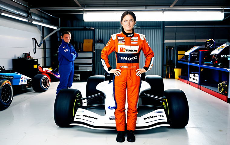 카트라이더 초보 유저를 위한 글로벌 공략 사례 - **Prompt:** A professional female race car driver, fully clothed in a modern racing suit with sponso...