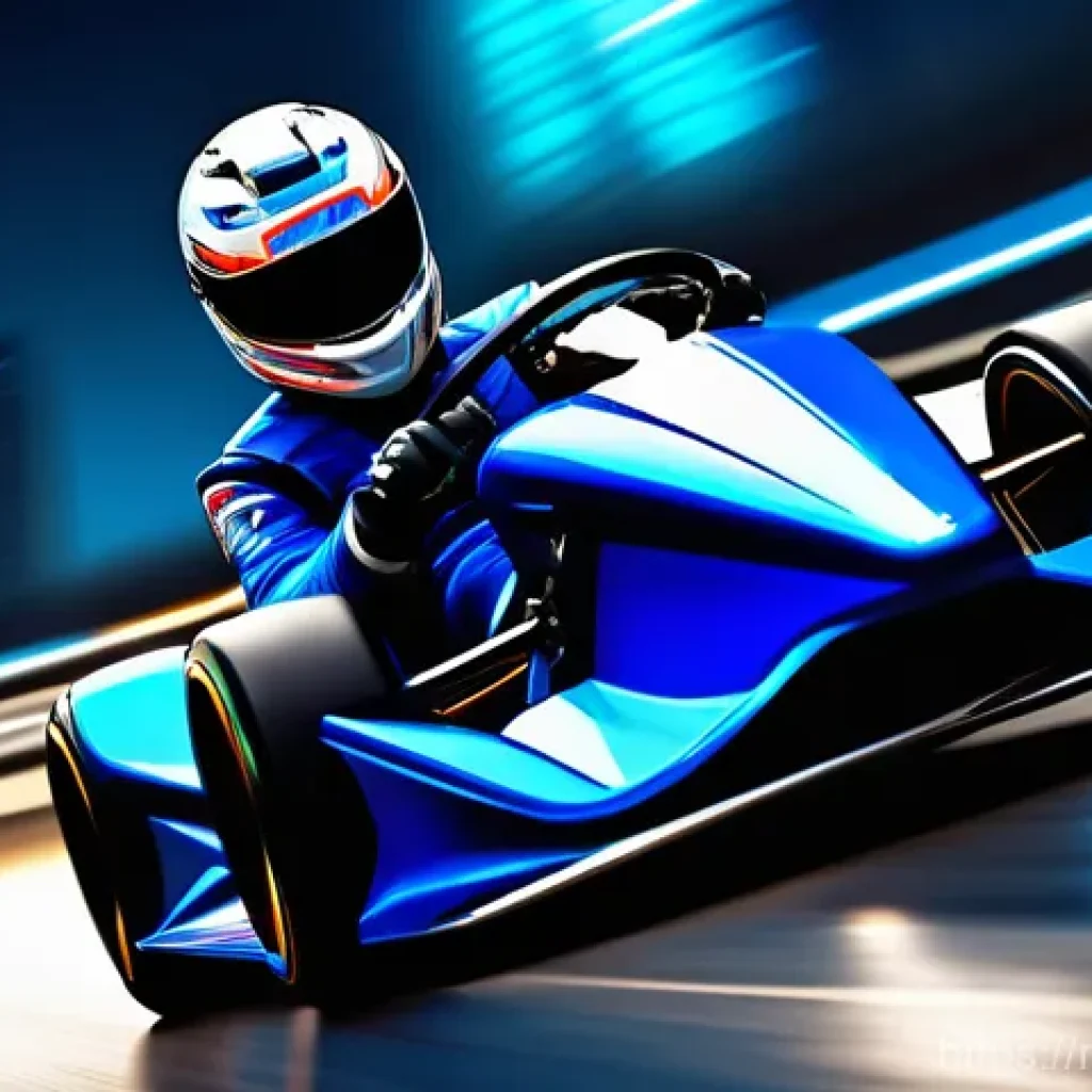 카트라이더 캐릭터별 스킬 비교 - A highly dynamic, full-body shot of a male KartRider racer in a sleek, aerodynamic racing suit. He i...