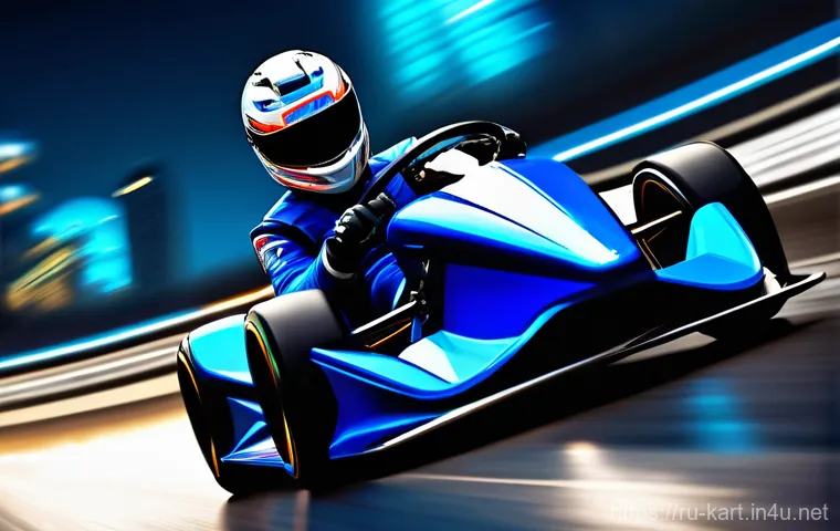 카트라이더 캐릭터별 스킬 비교 - A highly dynamic, full-body shot of a male KartRider racer in a sleek, aerodynamic racing suit. He i...