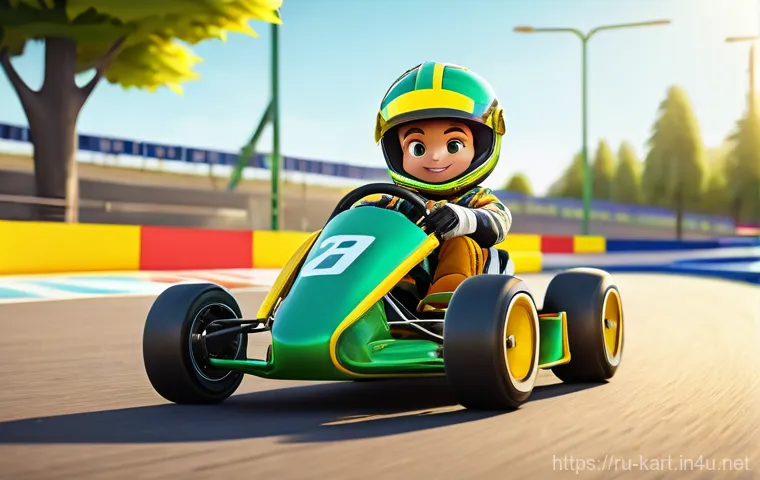 카트라이더 캐릭터별 스킬 비교 - A portrait-style image of a female KartRider racer, depicted as a strong and resilient character. Sh...