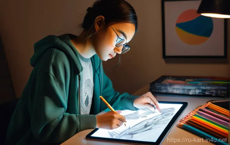 카트라이더 팬아트 대회의 성장과 성공 비결 - A focused young artist, gender-neutral, wearing comfortable casual clothes, sits at a desk in a cozy...