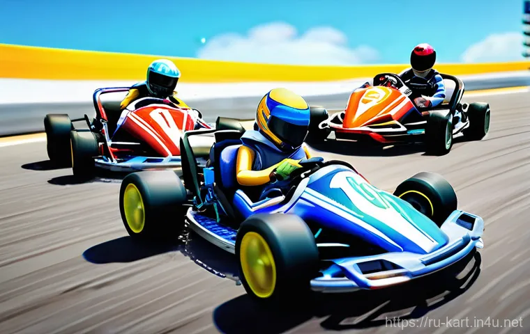 카트라이더 모드별 공략법 - A dynamic, high-angle action shot in the style of KartRider: Drift, capturing a skilled male or fema...