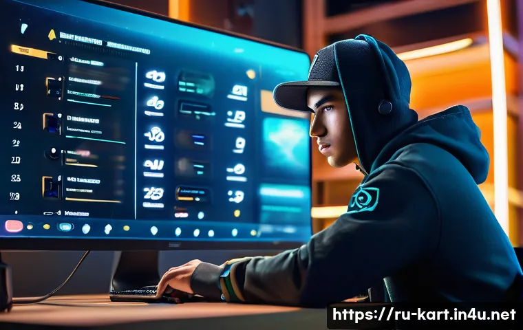 카트라이더 이벤트 활용 기술 - A focused young adult gamer, approximately 18 years old, sitting at a futuristic gaming desk. Their ...