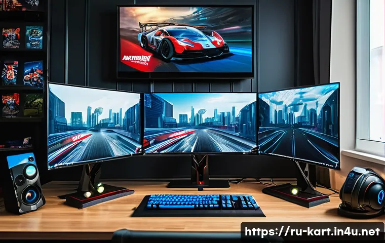 카트라이더 공식 채널 활용법 - A vibrant and dynamic esports gaming room featuring a young adult Russian male player focused intens...