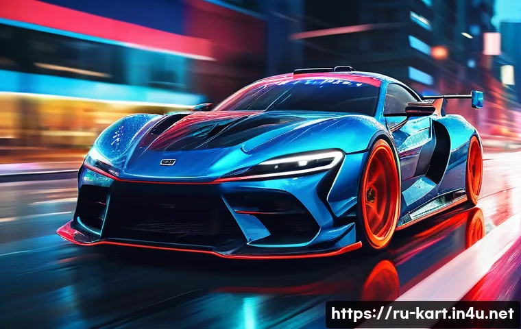 카트라이더 팬아트와 드리프트의 조합 - A dynamic drift racing scene featuring a sleek sports car sliding sideways on a wet urban street at ...