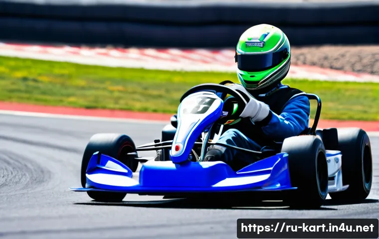 카트라이더 레이싱 스쿨 소개 - A detailed scene of a young adult kart racer sitting upright in a modern racing kart, wearing a full...