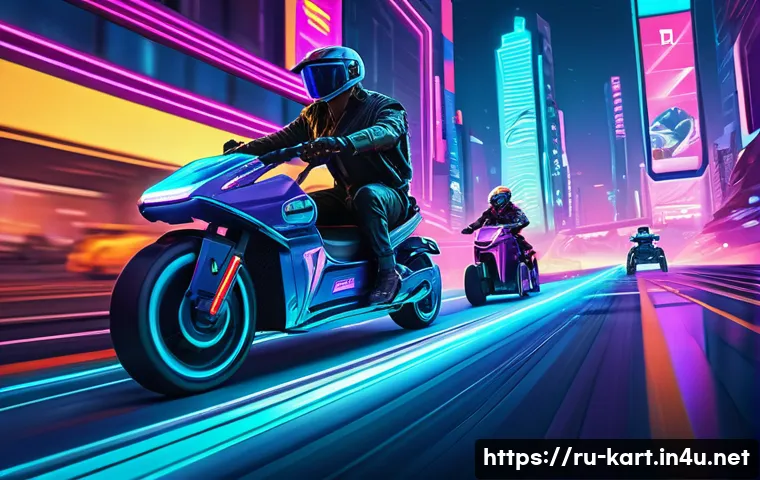 카트라이더 팬아트 대회의 커뮤니티 성공 - A vibrant digital fan-art scene featuring diverse Cart Rider characters racing through a neon-lit cy...