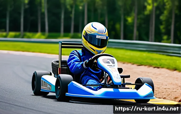 카트라이더 초보자용 카트 추천 - A detailed scene of a beginner-friendly go-kart on an outdoor racing track during a sunny day, featu...