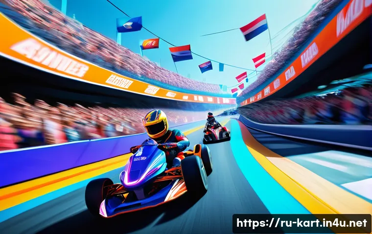 카트라이더 팬아트 이벤트의 모든 것 - A vibrant and dynamic KartRider fan art scene featuring newly introduced characters racing on a futu...