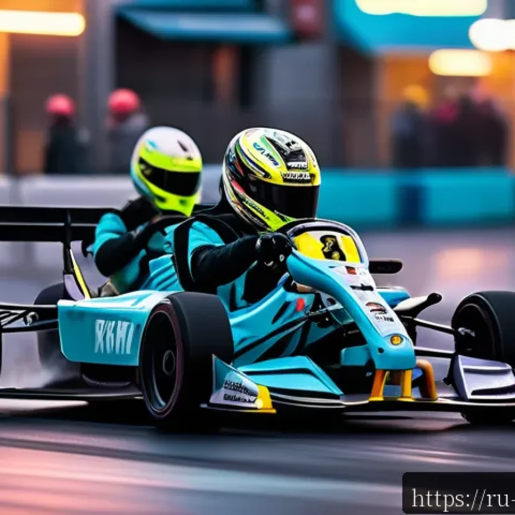 카트라이더 레이싱 대회 리뷰 - A dynamic racing scene on a narrow, winding urban street circuit at dusk, featuring multiple kart ra...