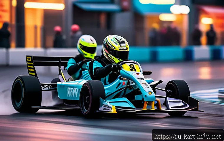 카트라이더 레이싱 대회 리뷰 - A dynamic racing scene on a narrow, winding urban street circuit at dusk, featuring multiple kart ra...