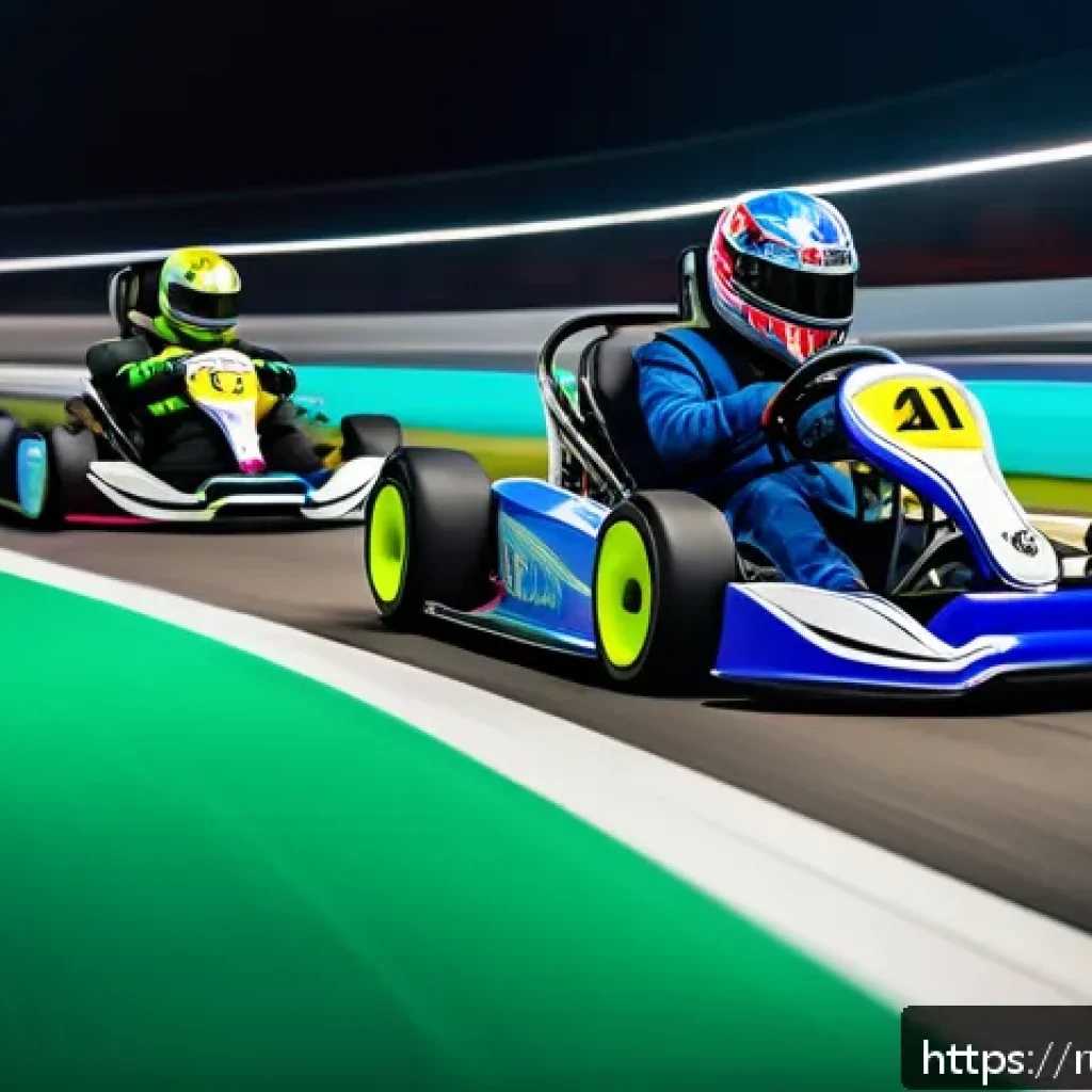 카트라이더 신규 기능 활용 - A dynamic kart racing scene on a modern, colorful track featuring a diverse team of racers in detail...
