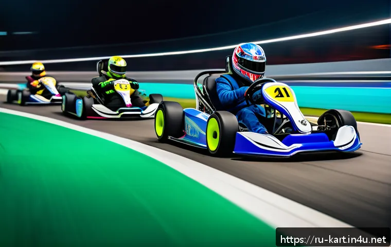 카트라이더 신규 기능 활용 - A dynamic kart racing scene on a modern, colorful track featuring a diverse team of racers in detail...