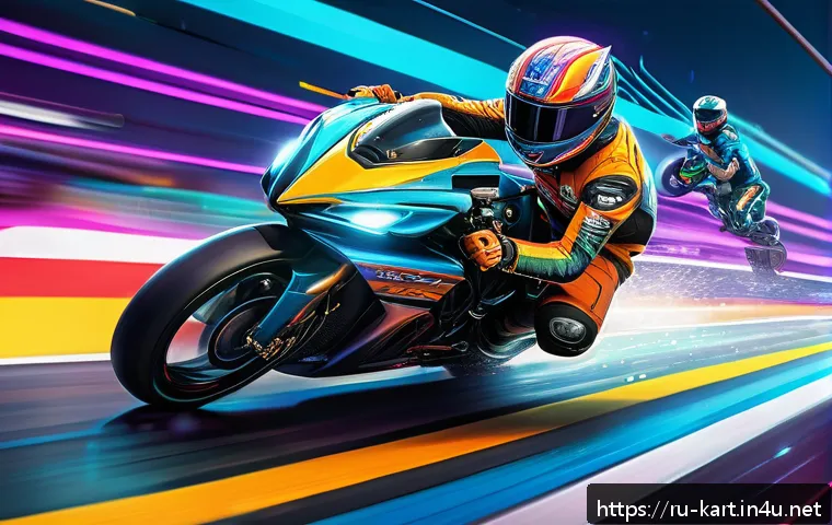 카트라이더 팬아트 작품집 - A dynamic KartRider racing scene with vibrant, contrasting color palettes emphasizing speed and adre...