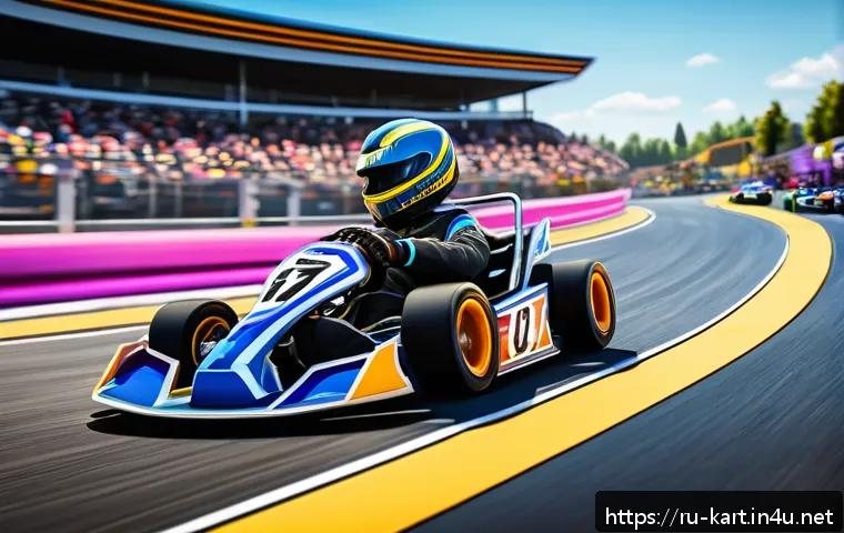 카트라이더 전설 트랙의 비밀 - A detailed scene of a legendary KartRider race track called "Circuit Classic" featuring sharp turns,...