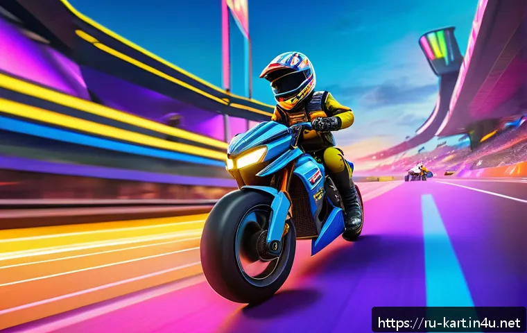 카트라이더 팀플 전략 가이드 - A dynamic KartRider team in action on a vibrant, futuristic race track at sunset, featuring three di...