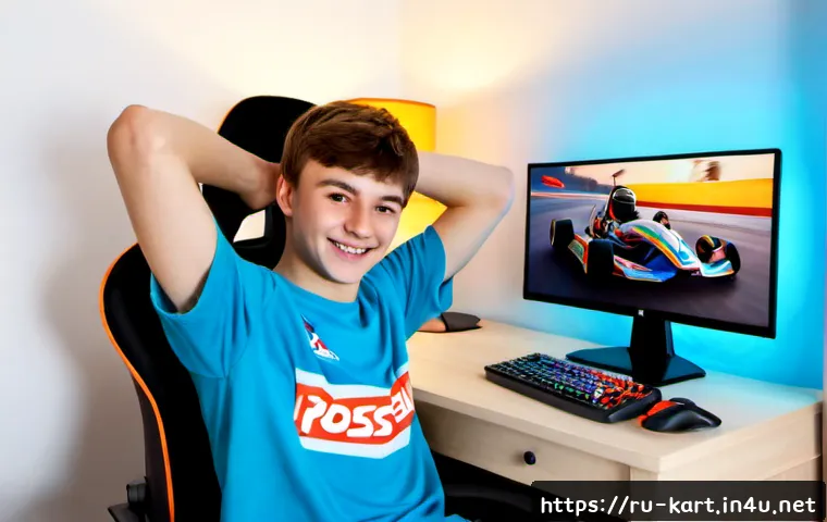 카트라이더 초보 유저의 성공 사례 - Photorealistic Russian teenage gamer celebrating a first online kart racing victory at a tidy apartm...
