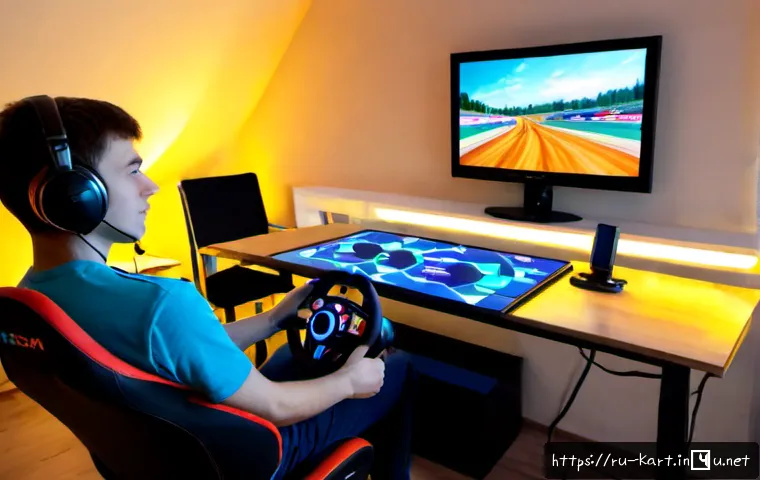 카트라이더 초보 유저를 위한 게임 공략 - Photorealistic young adult gamer in a cozy Russian apartment, seated at a tidy desk and practicing a...