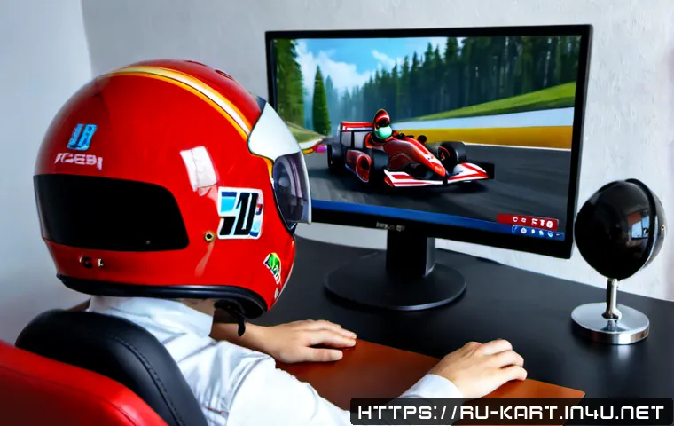 카트라이더 신규 업데이트와 팬아트 조합 - Photorealistic Russian gaming enthusiast at a tidy desk in a cozy Moscow apartment, viewing a colorf...