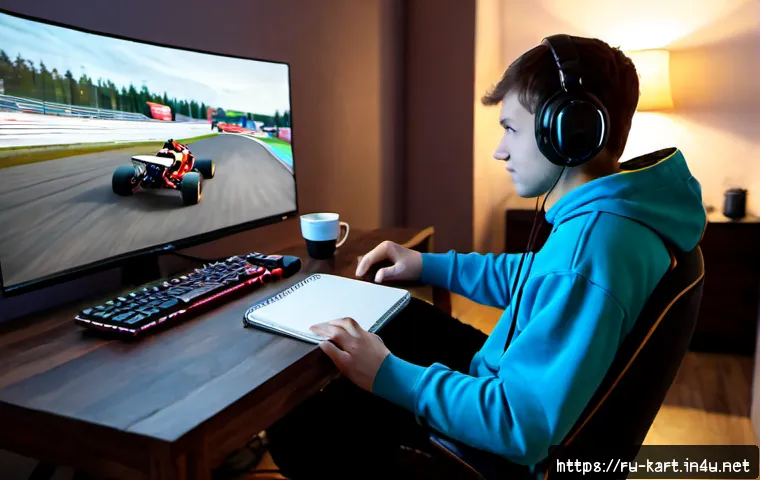 Home 17 카트라이더 베테랑 조언 모음 - Photorealistic esports racing advice scene for Russian gamers, focused young adult in casual hoodie ...