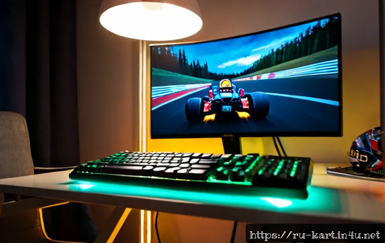 Home 17 카트라이더 카트 강화 성공률 - Photorealistic close-up of a modern gaming desk in a cozy Moscow apartment at dusk, widescreen monit...
