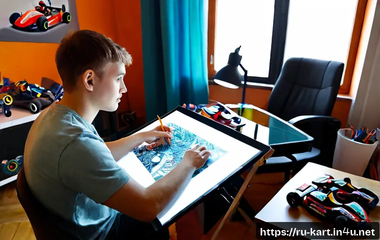 카트라이더 팬아트 대회의 성공적인 전략 - Photorealistic young Russian digital artist in a cozy Moscow apartment studio, carefully creating vi...