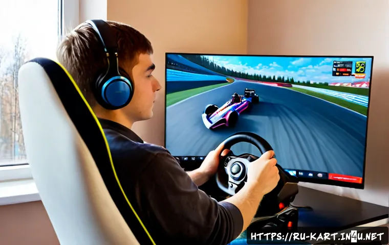 카트라이더 초보 유저를 위한 드리프트 연습법 - Photorealistic scene of a young adult gamer in a cozy Moscow apartment practicing a colorful kart ra...