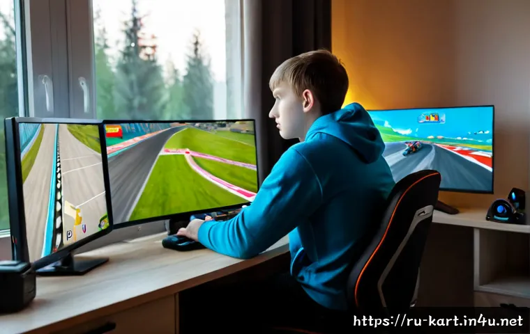Home 17 카트라이더 초보 유저의 게임 이해도 증가 - Photorealistic young Russian gamer at a tidy apartment desk, calmly learning a colorful fictional ka...