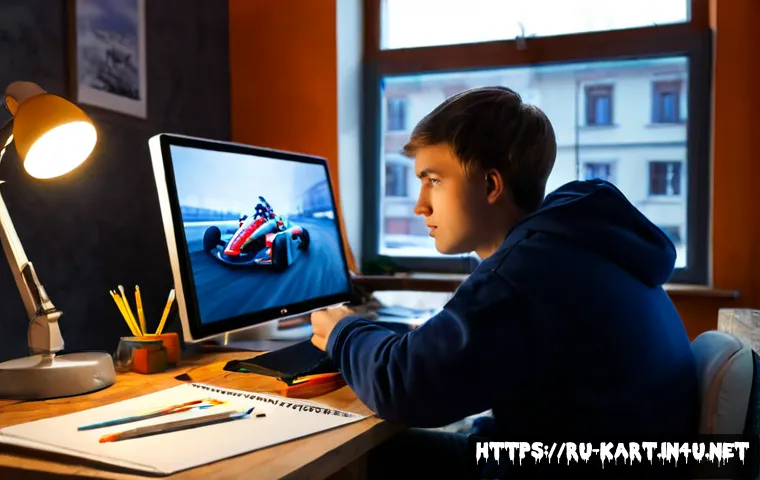 Home 17 카트라이더 팬아트 대회와 글로벌 커뮤니티의 성장 - Photorealistic young Russian digital artist in a cozy Moscow apartment studio, creating vibrant fict...