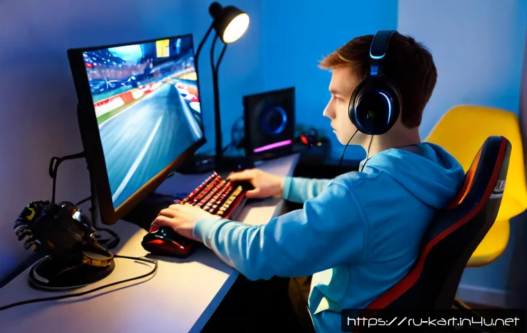 카트라이더 이벤트 랭크전 - Photorealistic esports-inspired kart racing event, focused young Russian gamer wearing headphones at...