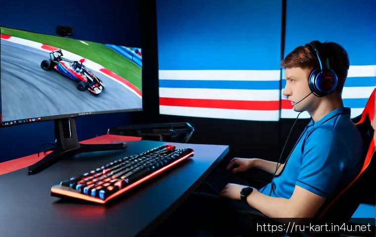 Home 17 카트라이더 프로 리그 분석 - Photorealistic esports race analysis scene in a modern Moscow gaming studio, focused young Russian a...