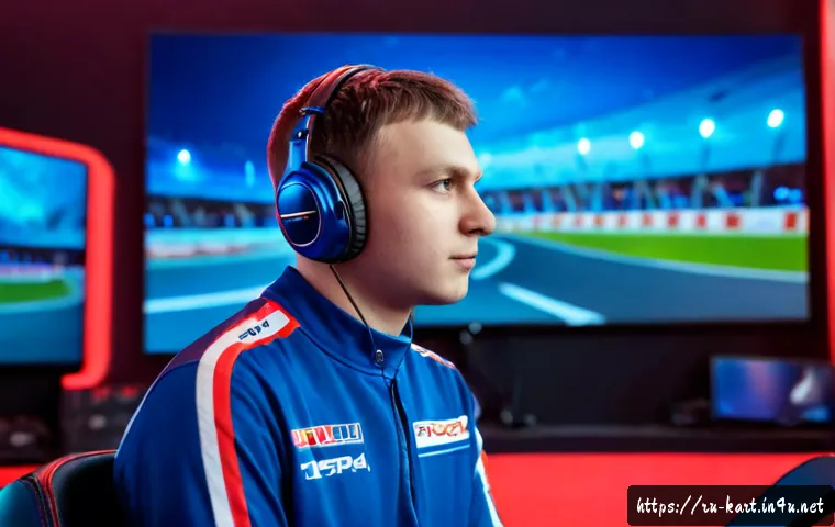 카트라이더 리그 프로 선수 정보 - Photorealistic Russian esports racing competitor in a modern Moscow gaming arena, focused young adul...
