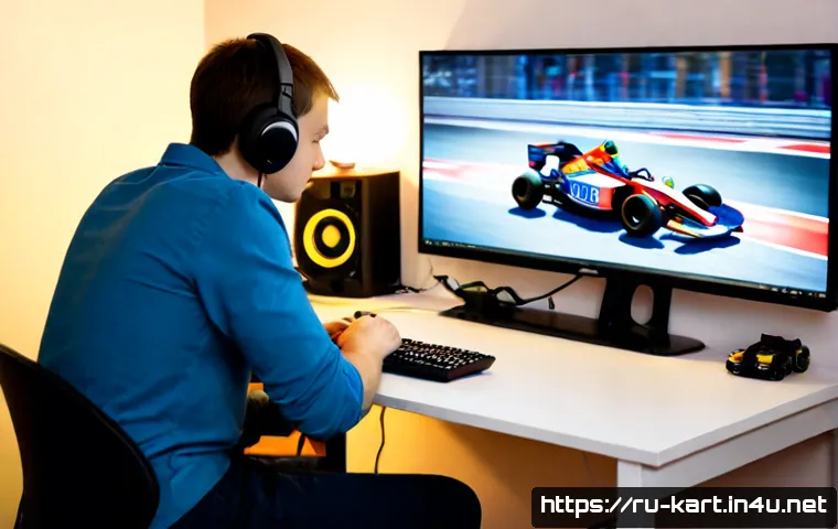 카트라이더 업데이트 공지 분석 - Photorealistic Russian gaming enthusiast at a tidy desk in a Moscow apartment, carefully analyzing a...