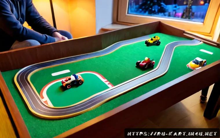 Home 17 카트라이더 이색 플레이법 - Photorealistic scene of friends enjoying an unusual tabletop racing game, tiny colorful go-karts con...