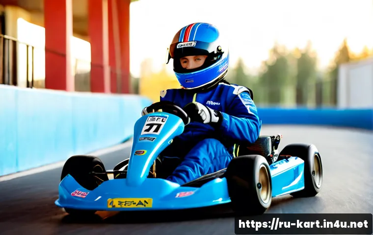 카트라이더 팬아트와 초보 유저의 성장 - Photorealistic fan-art-inspired scene of a young Russian beginner kart racer in a bright blue racing...