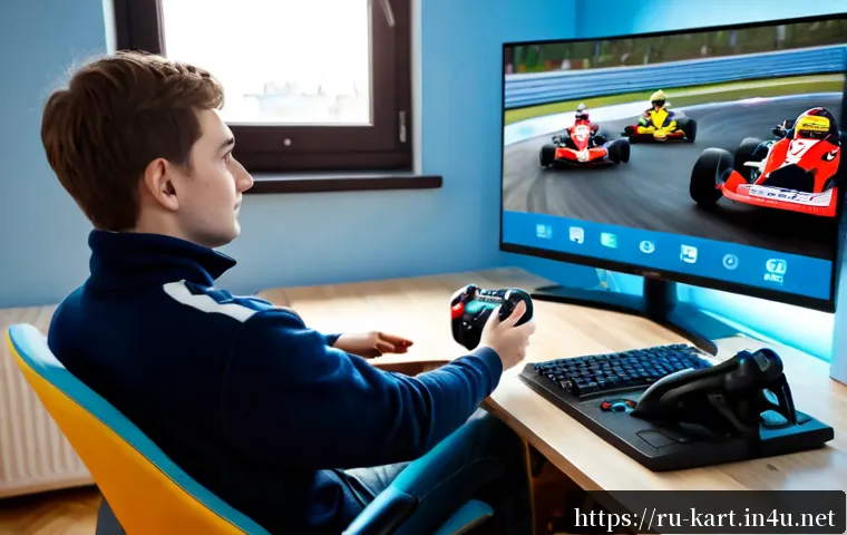 카트라이더 초보자를 위한 게임 이해 - Photorealistic over-the-shoulder view of a beginner gamer in a cozy Moscow apartment, learning a col...